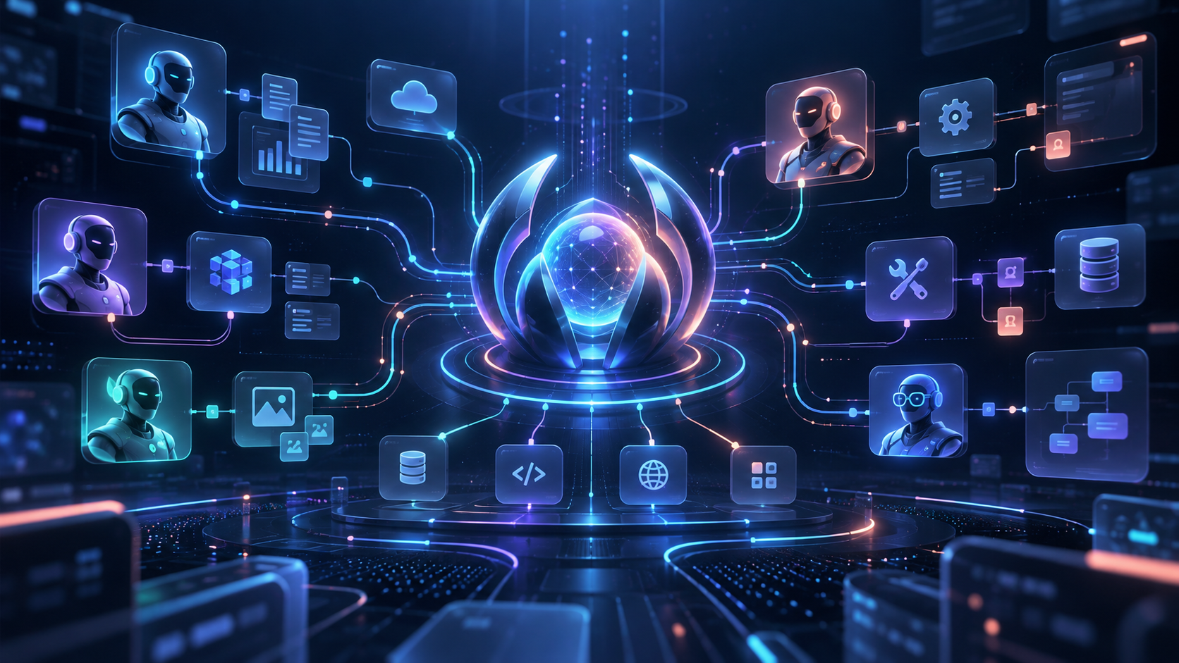 A glowing central orchestration hub connects AI agents, cloud services, code, and tools in a navy interface.
